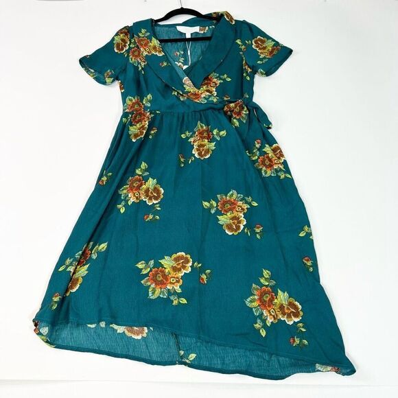 Superfoxx Dress Womens Medium Floral Faux Wrap Short Sleeve Aysmmetrical nwt tea - Picture 1 of 9